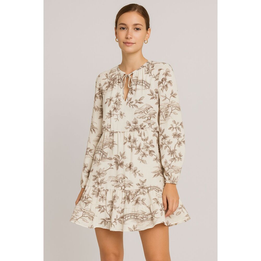 H&M long sleeve ivory and brown scenic blossom print dress size medium